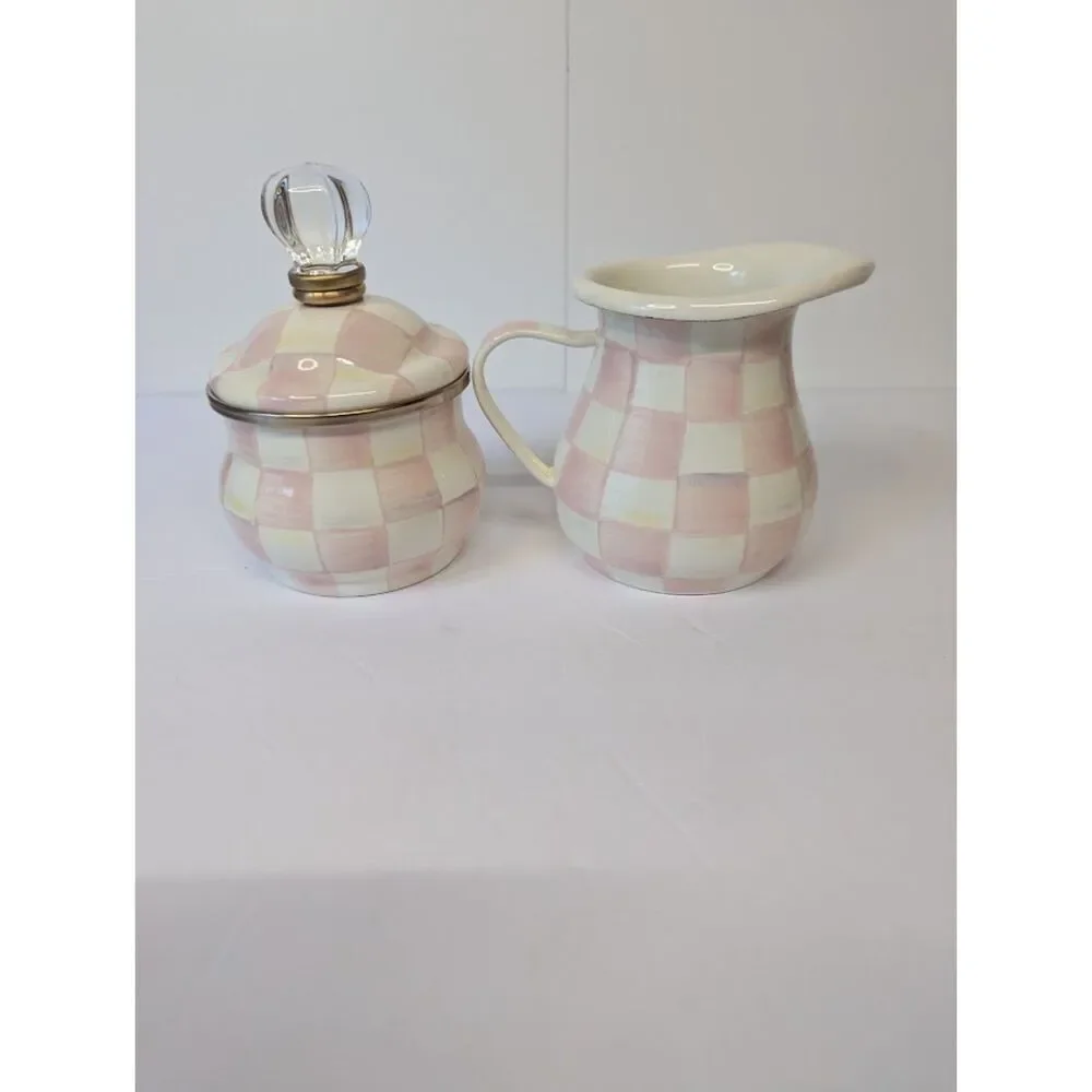 MacKenzie-Childs Rosy Check Enamel Creamer & Lidded Sugar Bowl Set Pink Like New